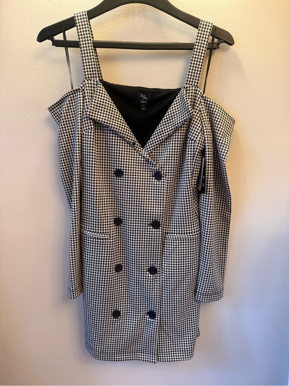 Bar III Black and White Houndstooth Cold-Shoulder Double-Breasted Dress M NWT